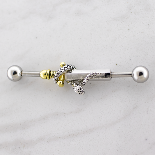 14G Industrial Barbell - Snake Wrapped on Sword - Pierced Addiction