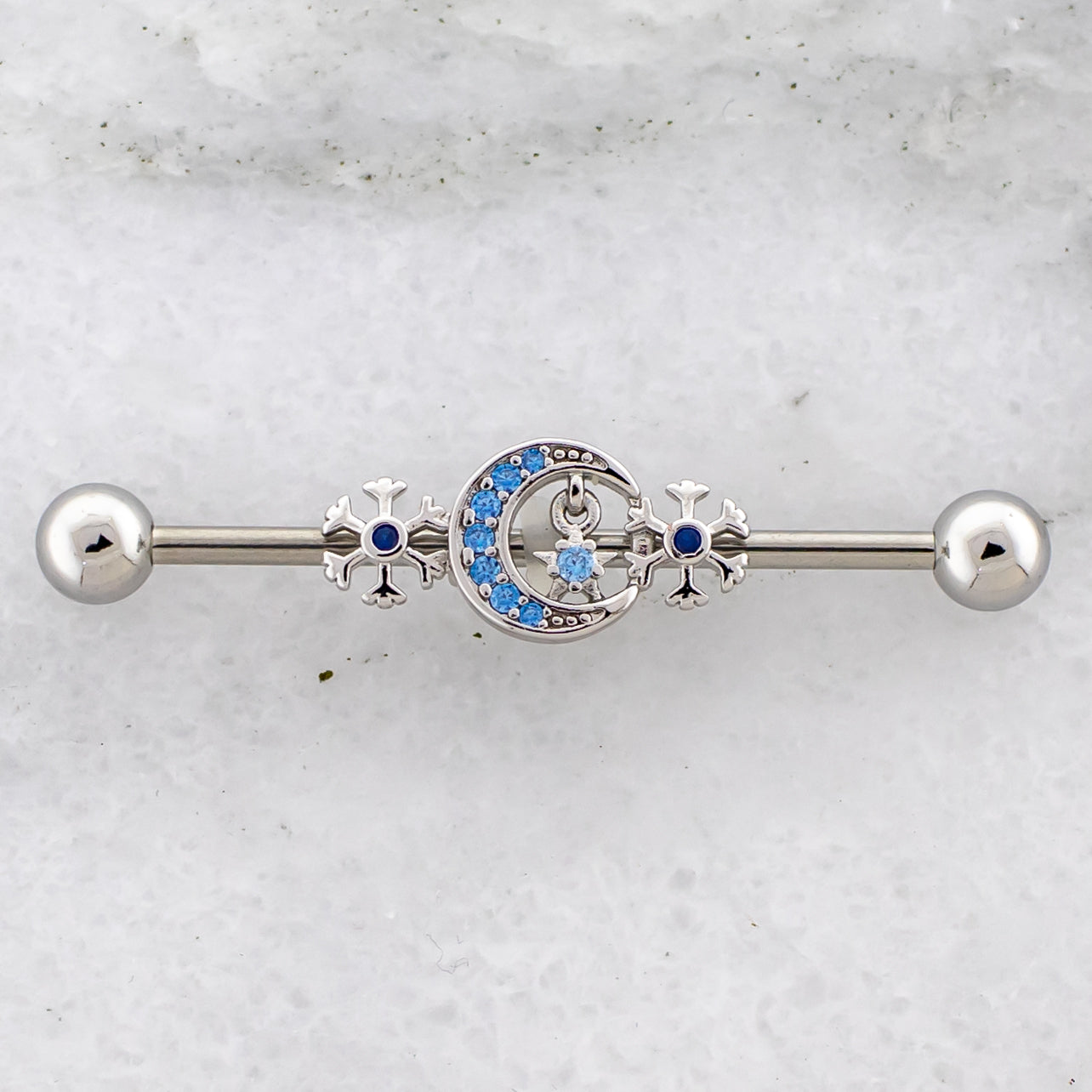 14G Moon With Snowflakes Industrial Barbell - Pierced Addiction