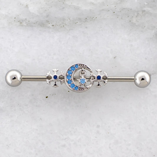 14G Moon With Snowflakes Industrial Barbell - Pierced Addiction