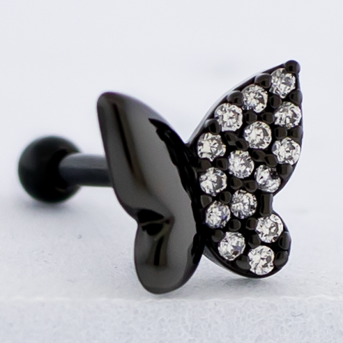 16G Pvd Barbell w/ Half Pave Butterfly