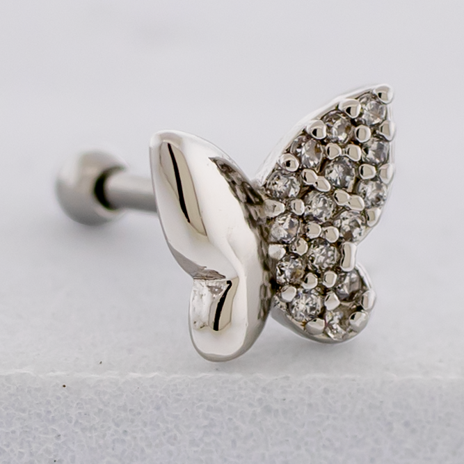 16G Pvd Barbell w/ Half Pave Butterfly