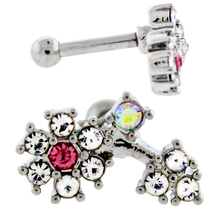 16G Flower with Gems Ear Barbell - Pierced Addiction