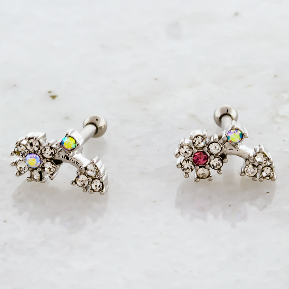 16G Flower with Gems Ear Barbell - Pierced Addiction