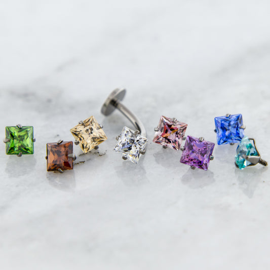Steel Floating Navel w/ Internally Threaded Prong Set Square Premium Zirconia