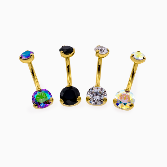Steel Gold PVD Prong Set Gem Navel Ring - 14G