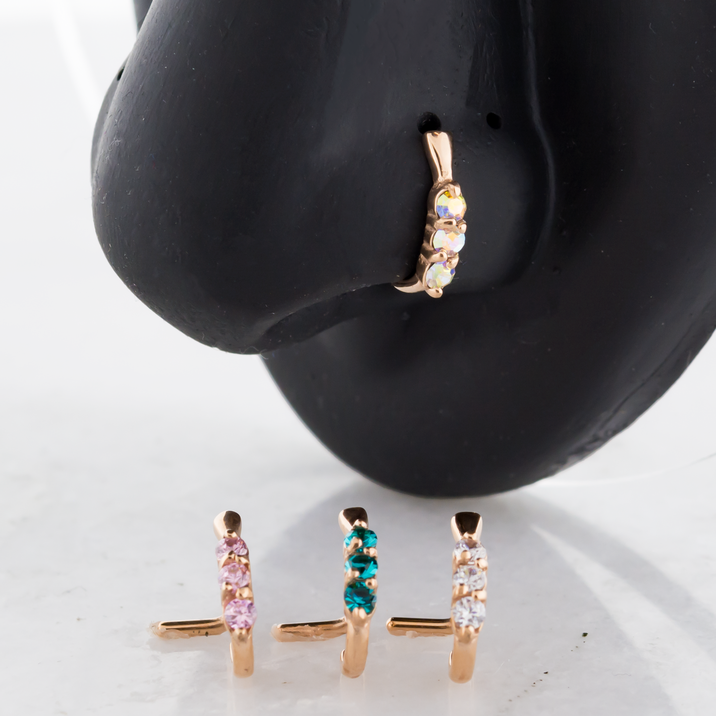 18G Triple Gem Rose Gold PVD Nose Curve