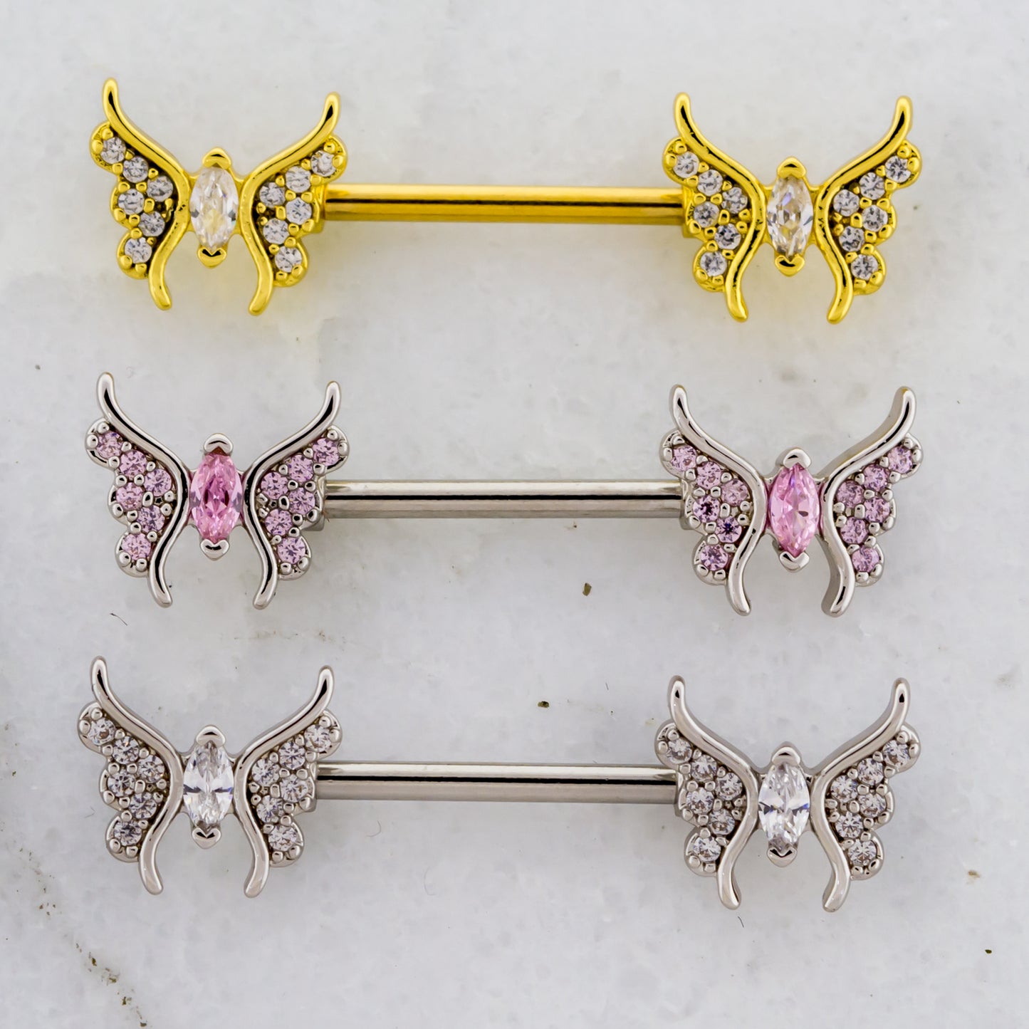 14G Gem Butterfly Nipple Barbell - Pierced Addiction