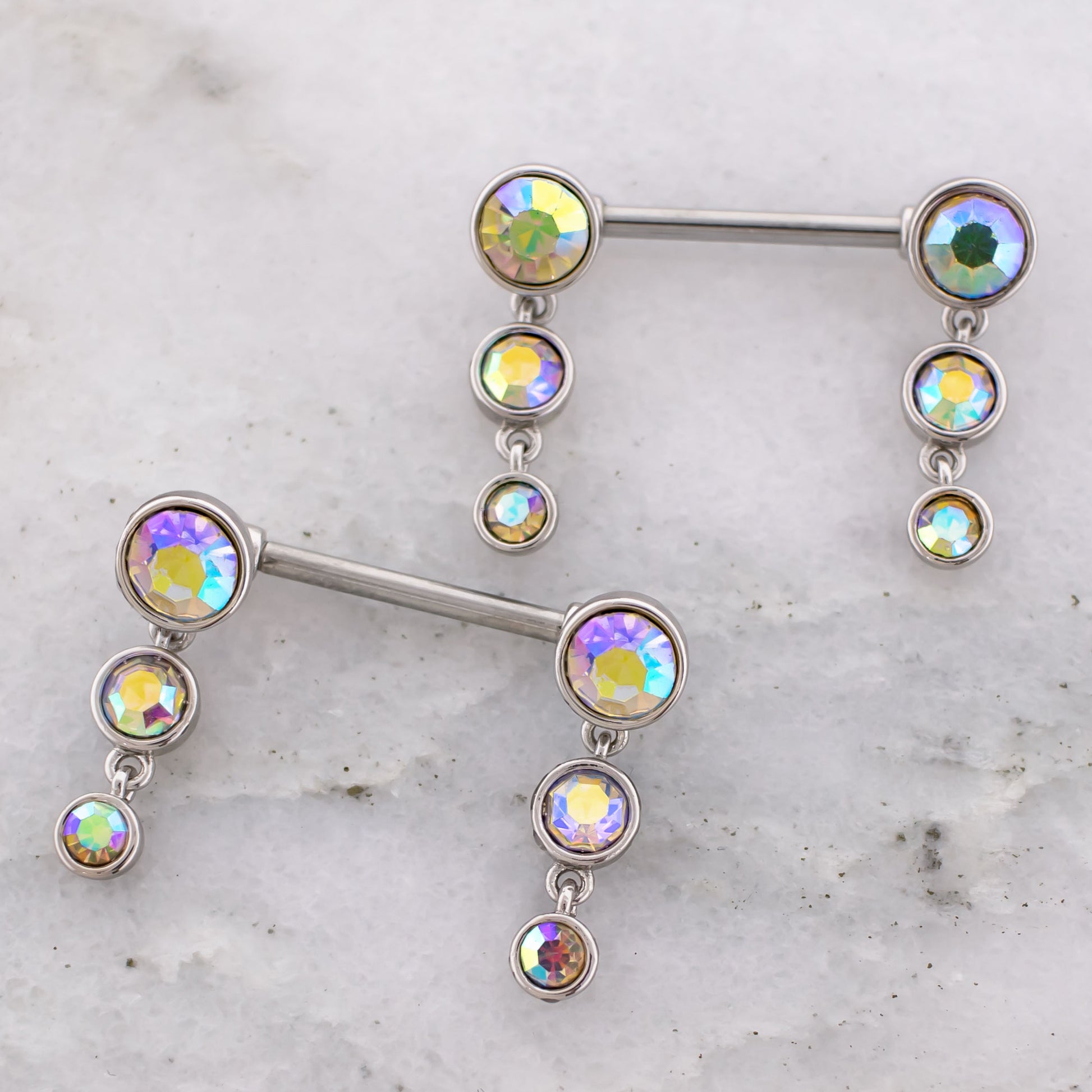 14G Triple Gem Drop Nipple Barbell - Pierced Addiction