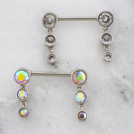 14G Triple Gem Drop Nipple Barbell - Pierced Addiction