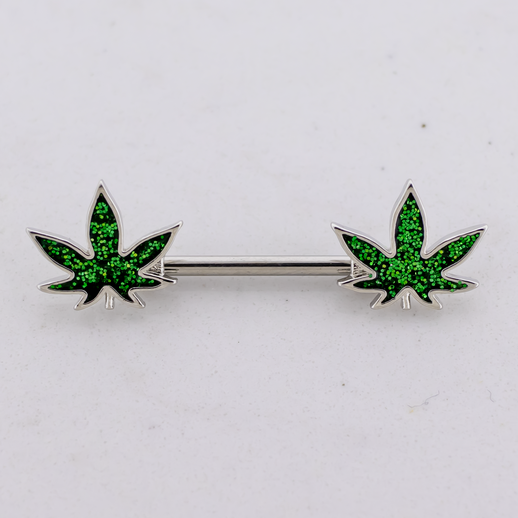 14G Nipple Barbell - Green Pot Leaf - Pierced Addiction