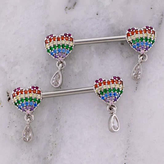 14G Nipple Barbell w/ Gemmed Hearts And Teardrop Dangles