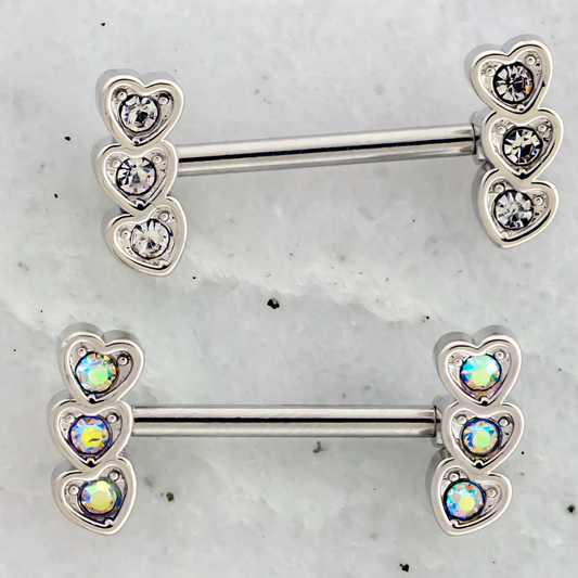 14G Triple Gem Heart Nipple Barbell - Pierced Addiction