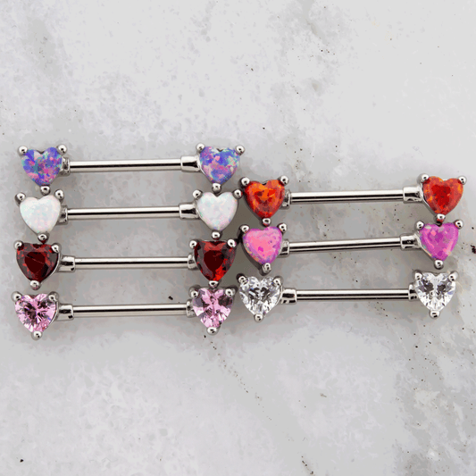 14G Gem or Opal Heart Nipple Barbell - Pierced Addiction