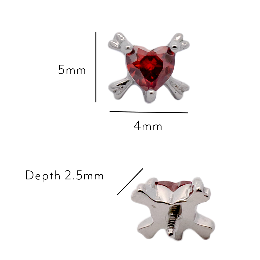 16G/18G Steel Internally Threaded Red Heart Crossbone End - Pierced Addiction