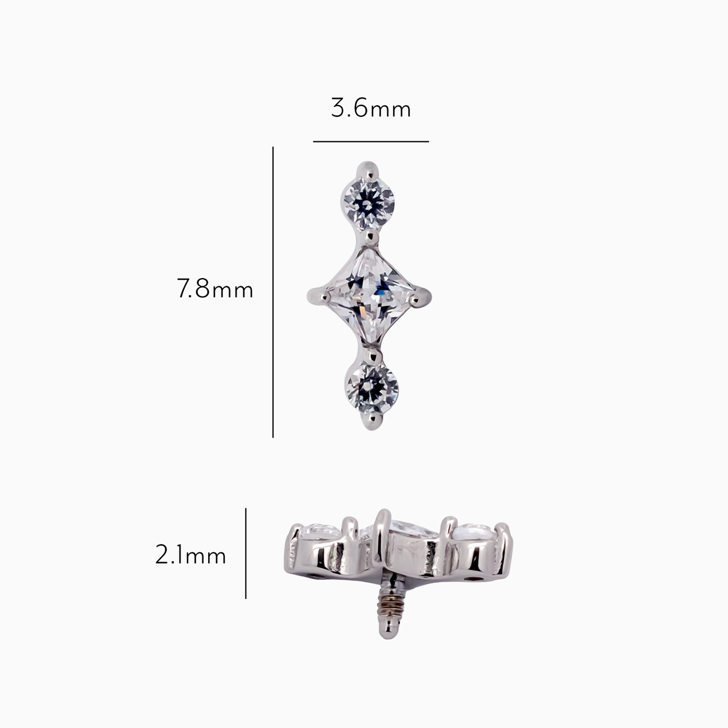 Steel Internally Threaded End -  2 Round CZ And Square 16G