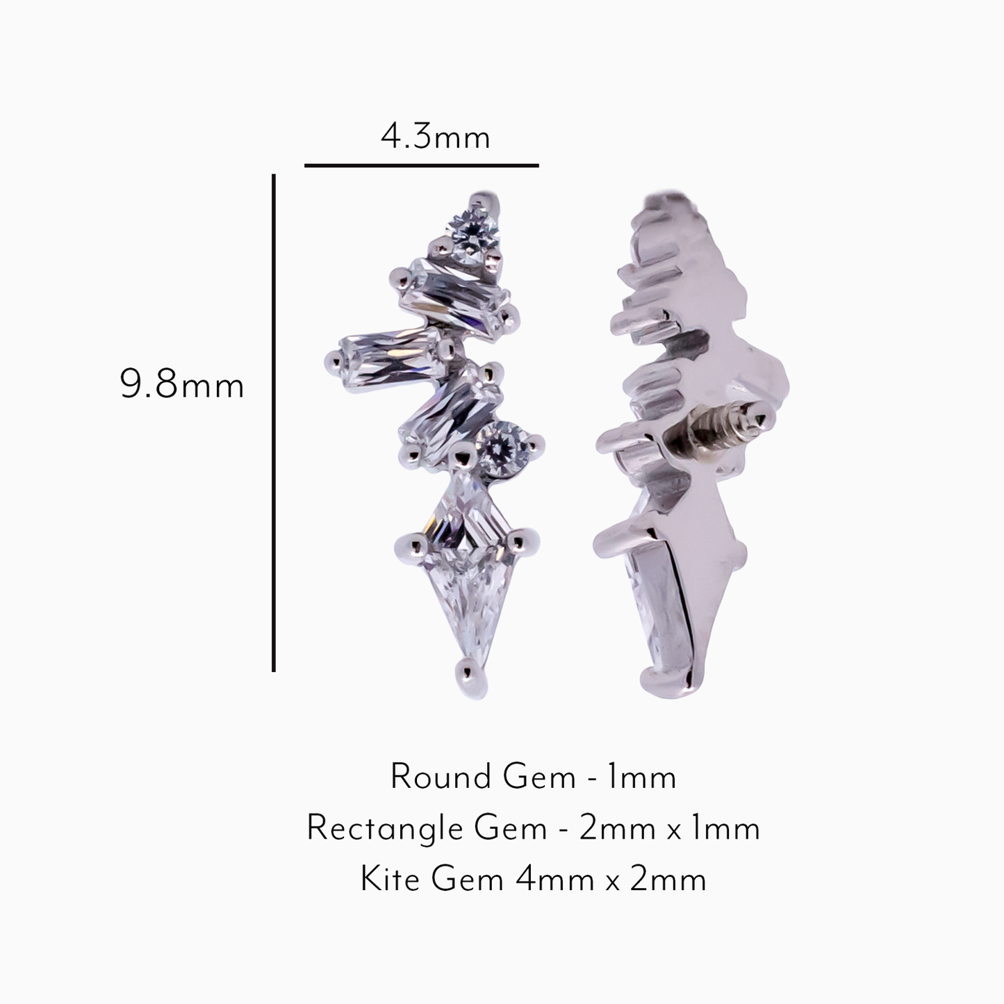 Steel Internally Threaded Baguette & Kite Gem Cluster End - 16G