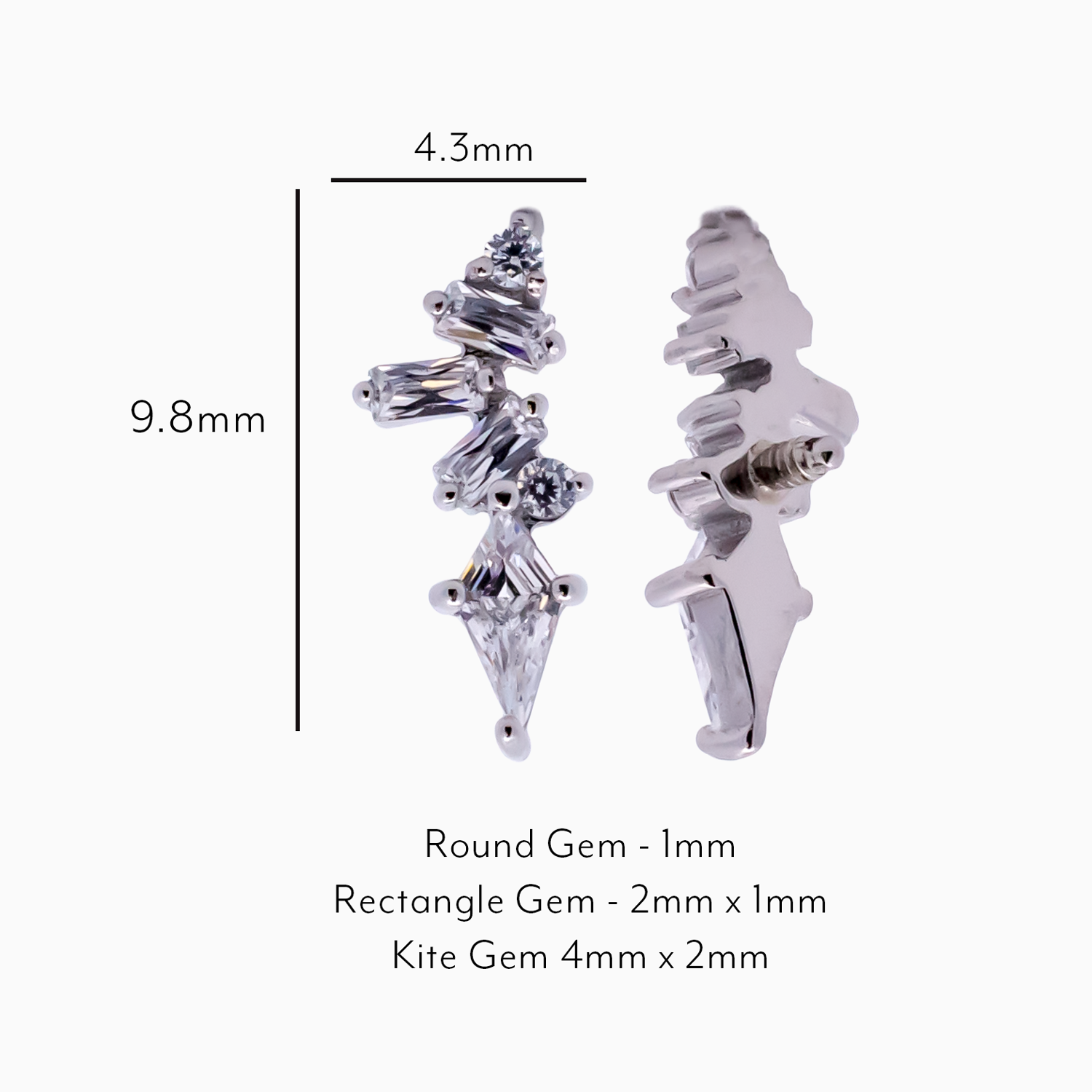 Steel Internally Threaded Baguette & Kite Gem Cluster End - 16G