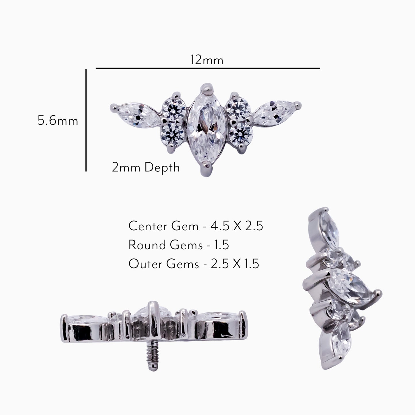 Steel Internally Threaded Arched Marquise Cluster White CZ End - 16G