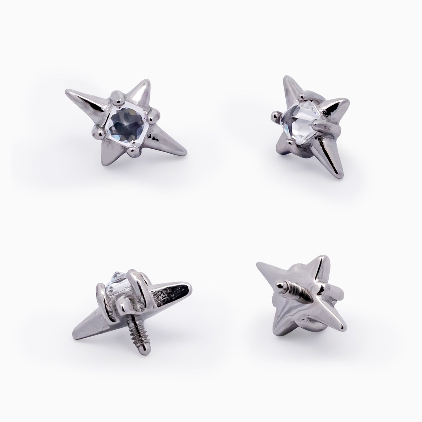 Steel Internally Threaded 4 Point Star with Square White CZ End - 16G