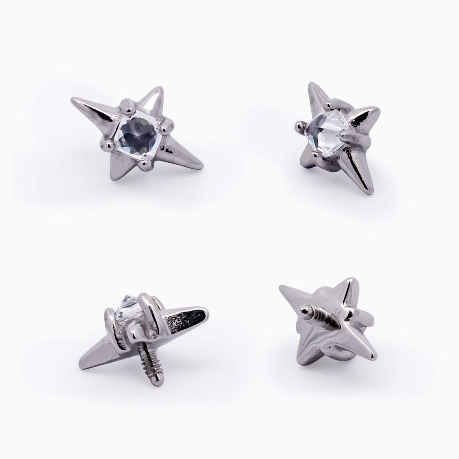 Steel Internally Threaded 4 Point Star with Square White CZ End - 16G