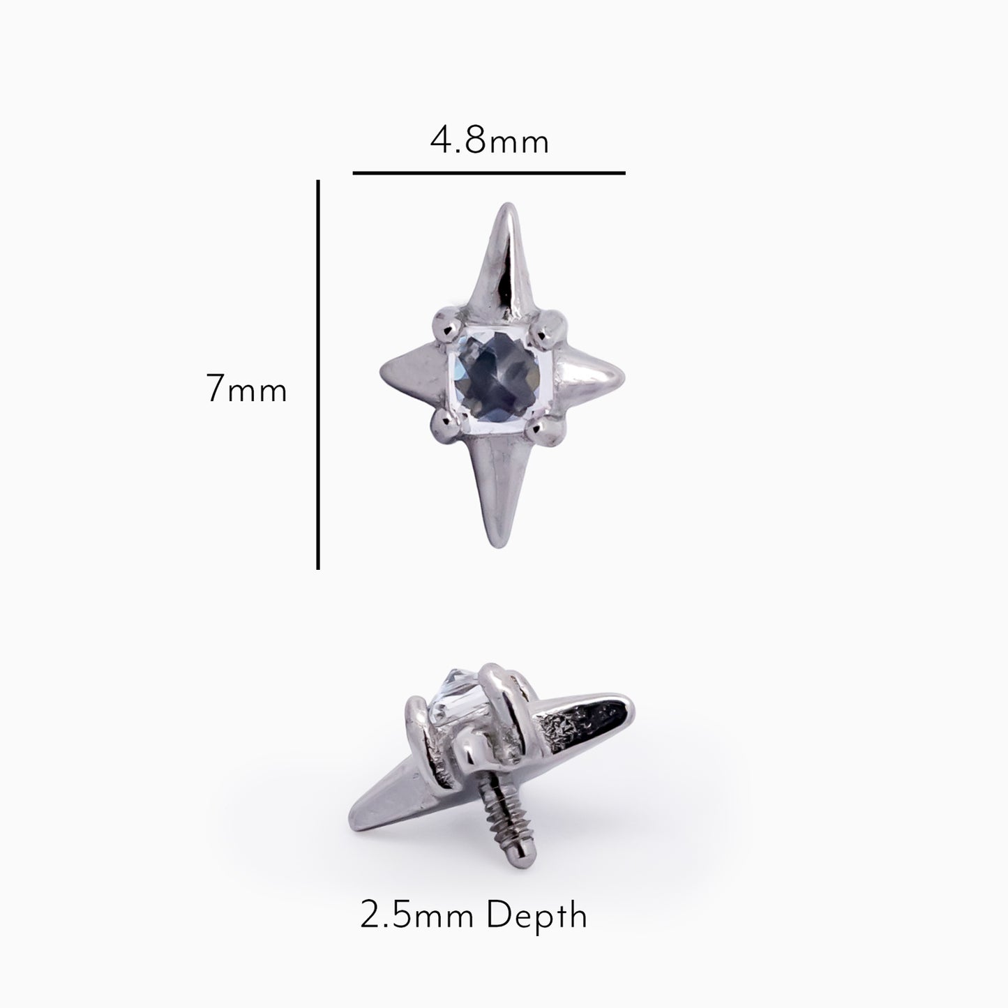 Steel Internally Threaded 4 Point Star with Square White CZ End - 16G