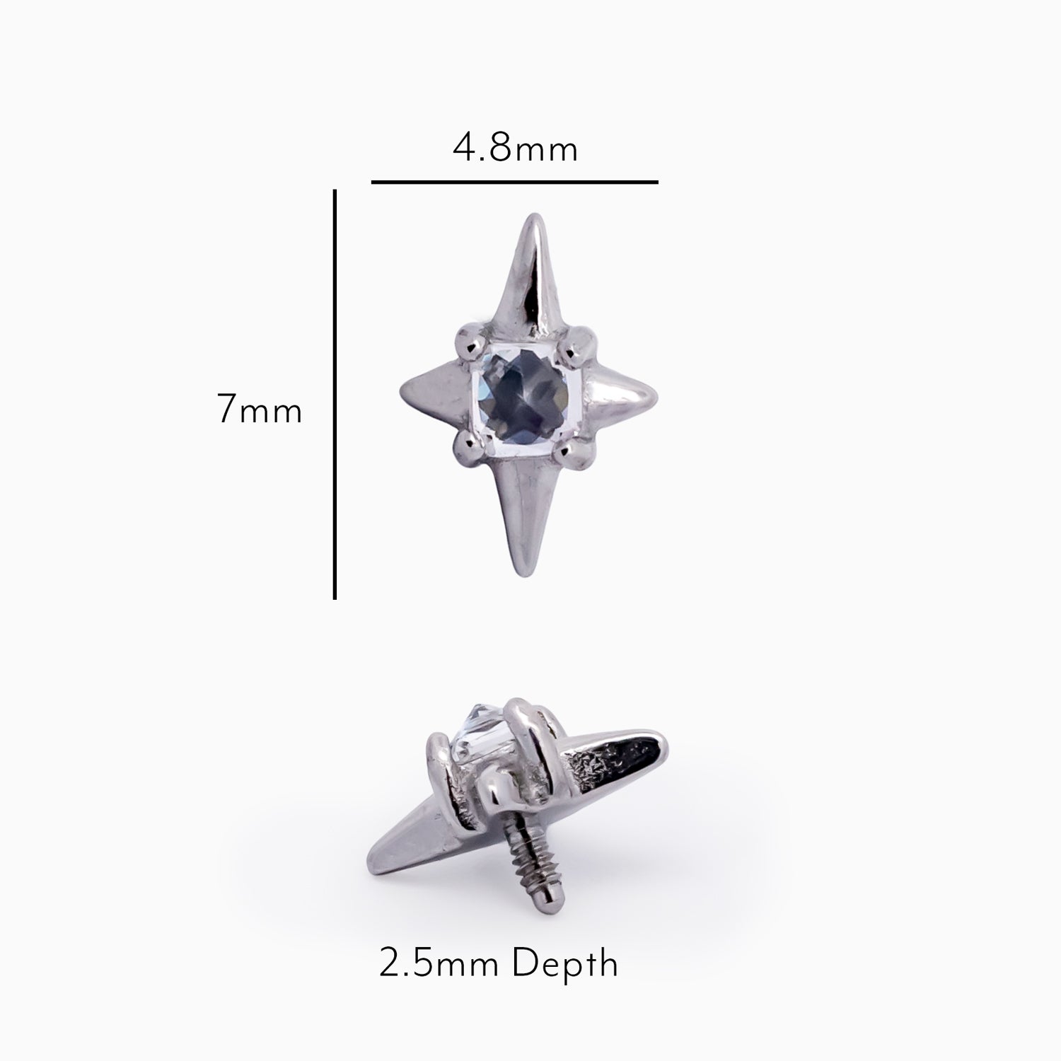 Steel Internally Threaded 4 Point Star with Square White CZ End - 16G