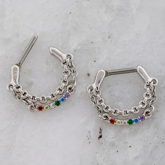 16G Septum Clicker w/ Chains And Rainbow Gems