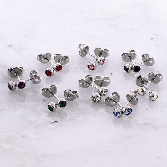 Steel Round Bezel Set Gem Earring Studs