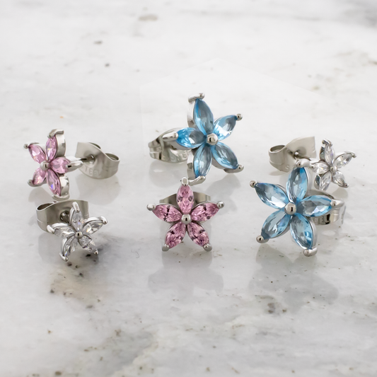 Steel Gemmed Flower Earring Studs