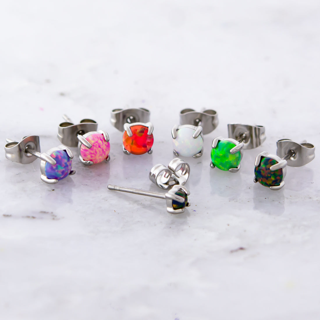 Steel Prong Set Synthetic Opal Earring Studs