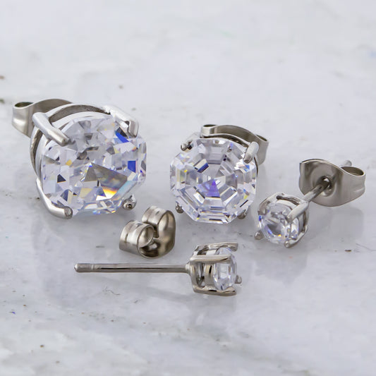 Steel Octagon Gem Earring Studs