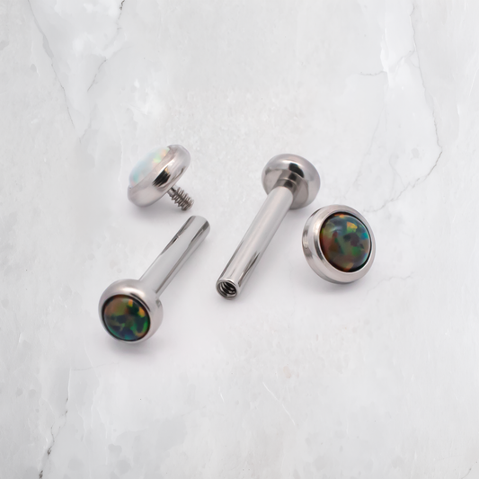 16g Steel Internally Threaded Flipside Barbell w/ Bezel Set Opal Disc