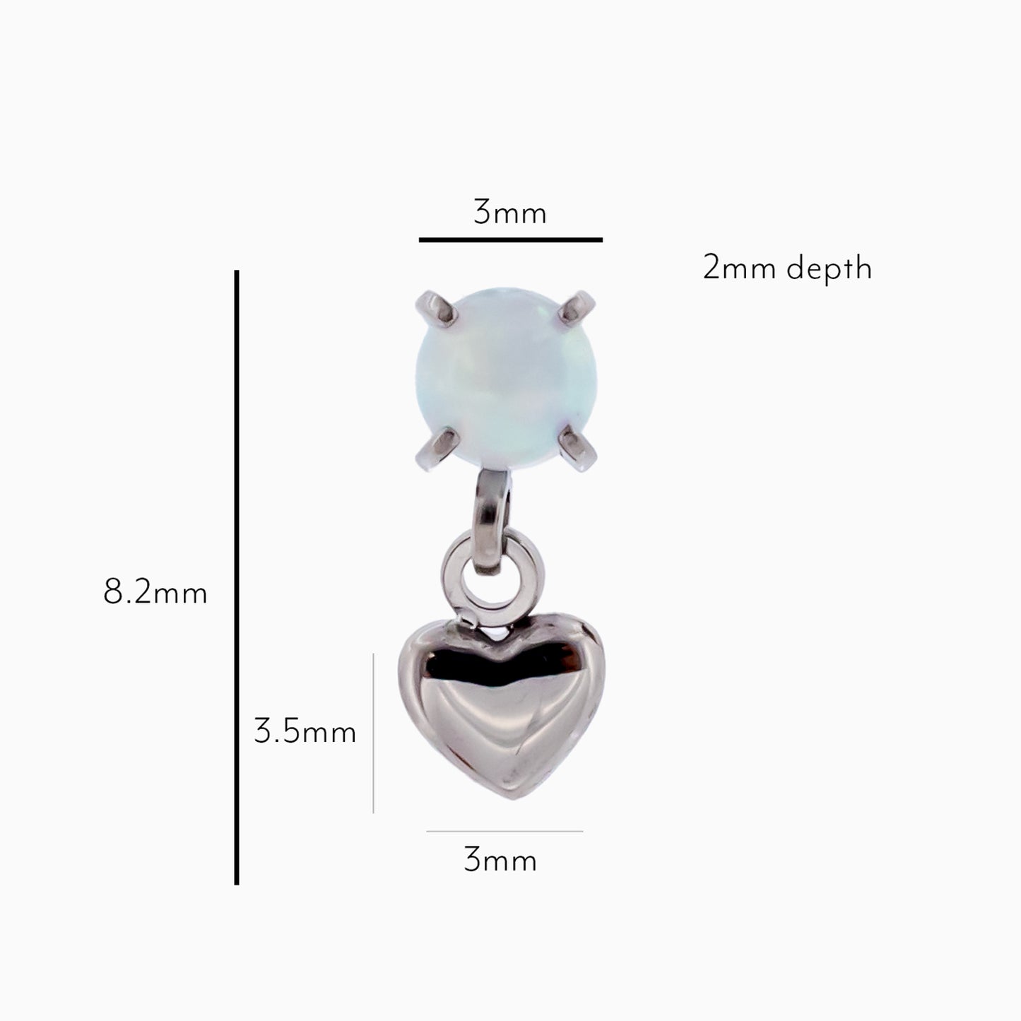 Steel Internally Threaded End - Round Gem w/ Heart Dangle -16G