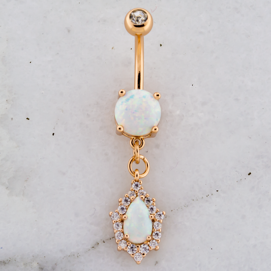 14G White Opal with Clear Gems Navel Ring - Pierced Addiction