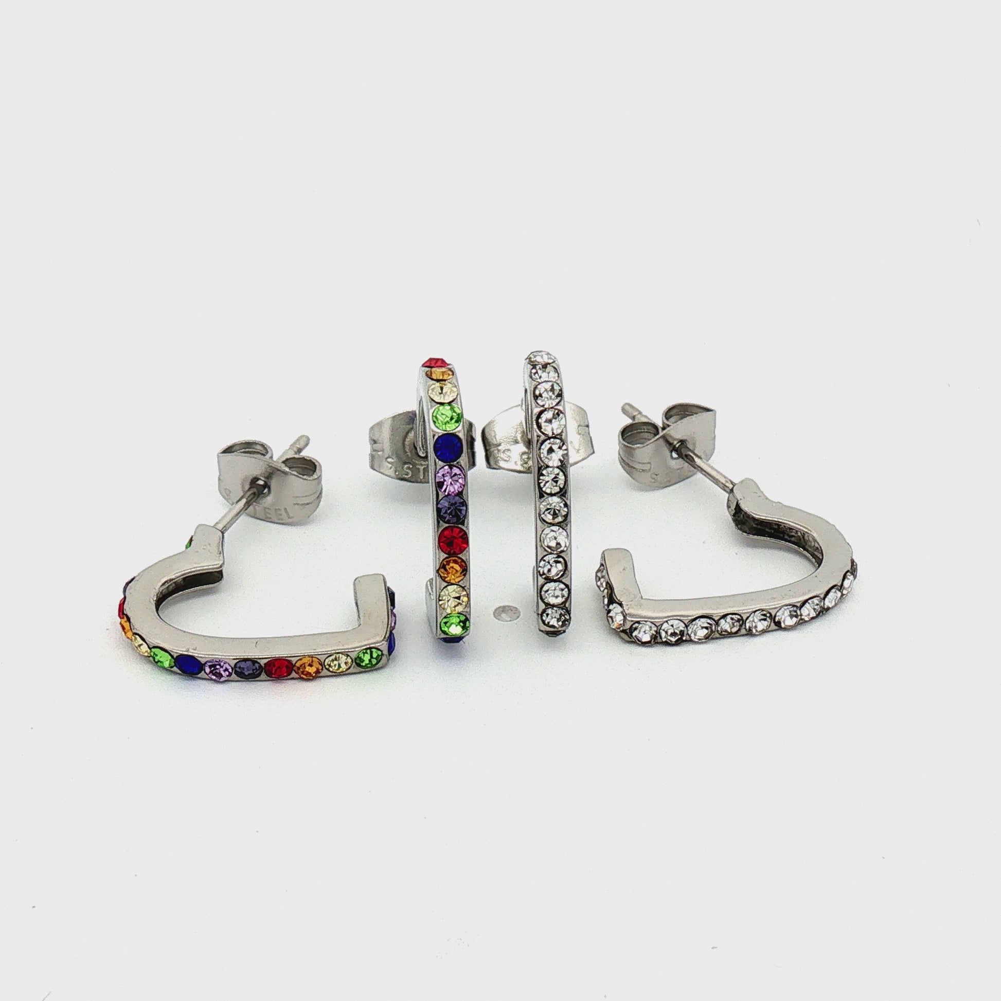 Steel Gemmed Heart Earring Hooped Studs