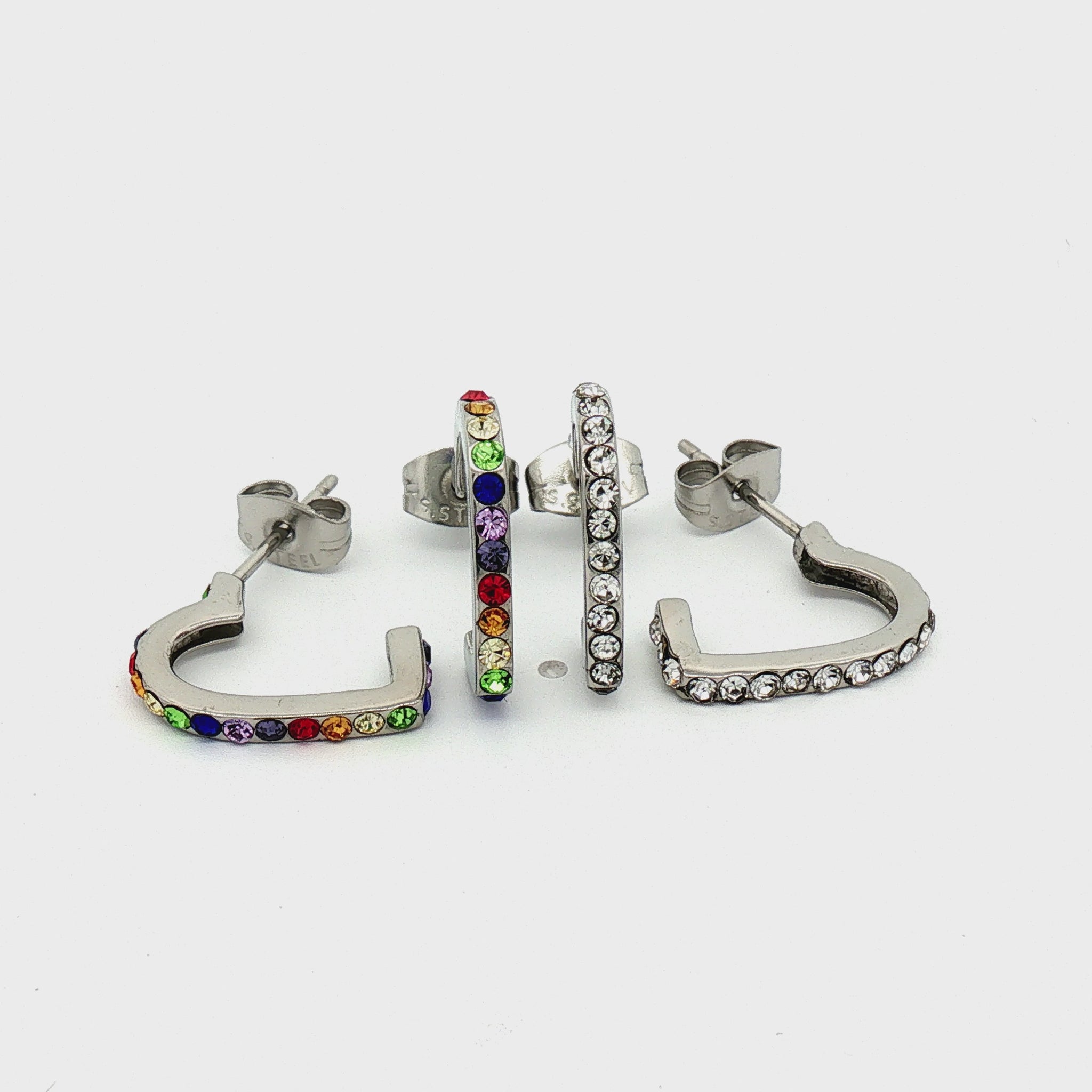 Steel Gemmed Heart Earring Hooped Studs