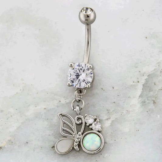 14G Butterfly With Opal Accent Navel Ring - Pierced Addiction