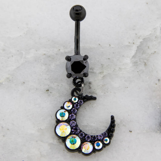 14G Crescent Moon With Gems Navel Ring - Pierced Addiction