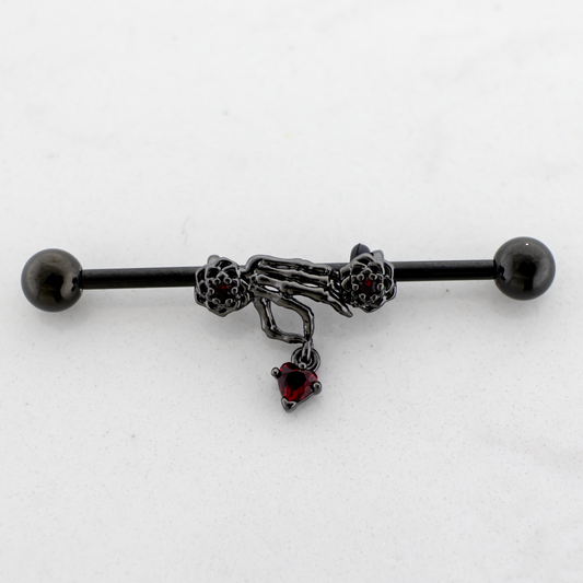 14G Industrial Barbell - Skeleton Hand Heart - Pierced Addiction