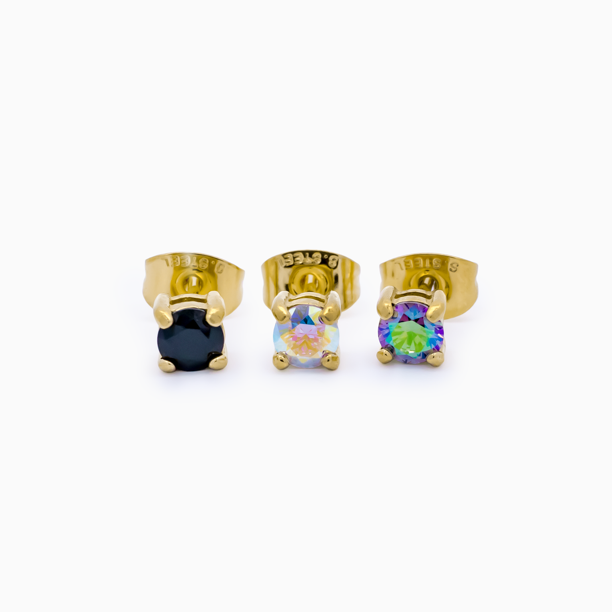 Steel Earring Studs - Gold PVD w/ Round CZ