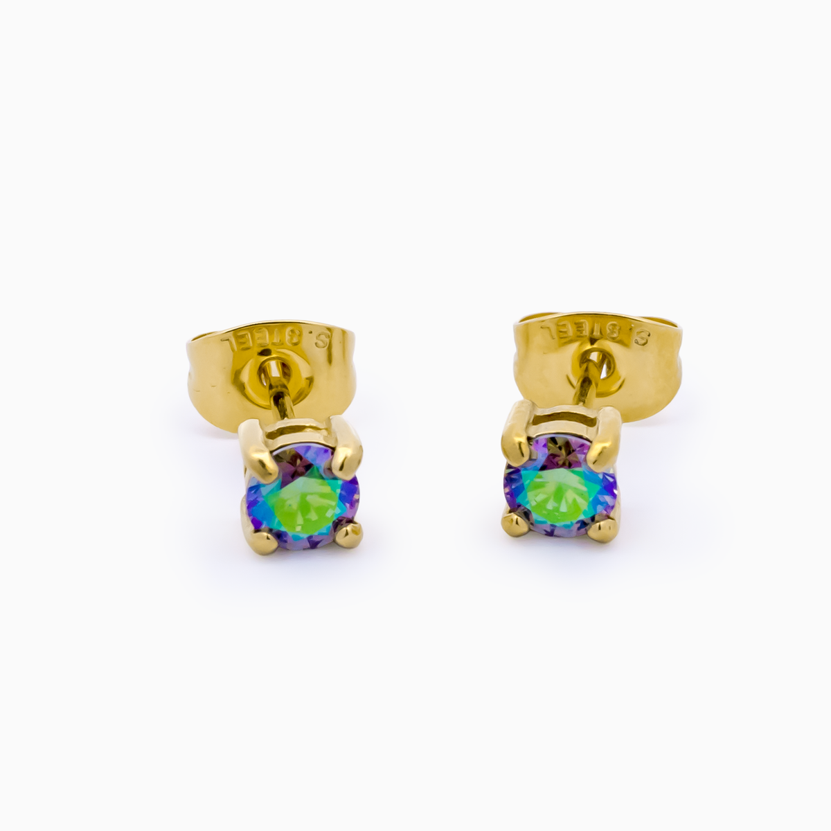 Steel Earring Studs - Gold PVD w/ Round CZ