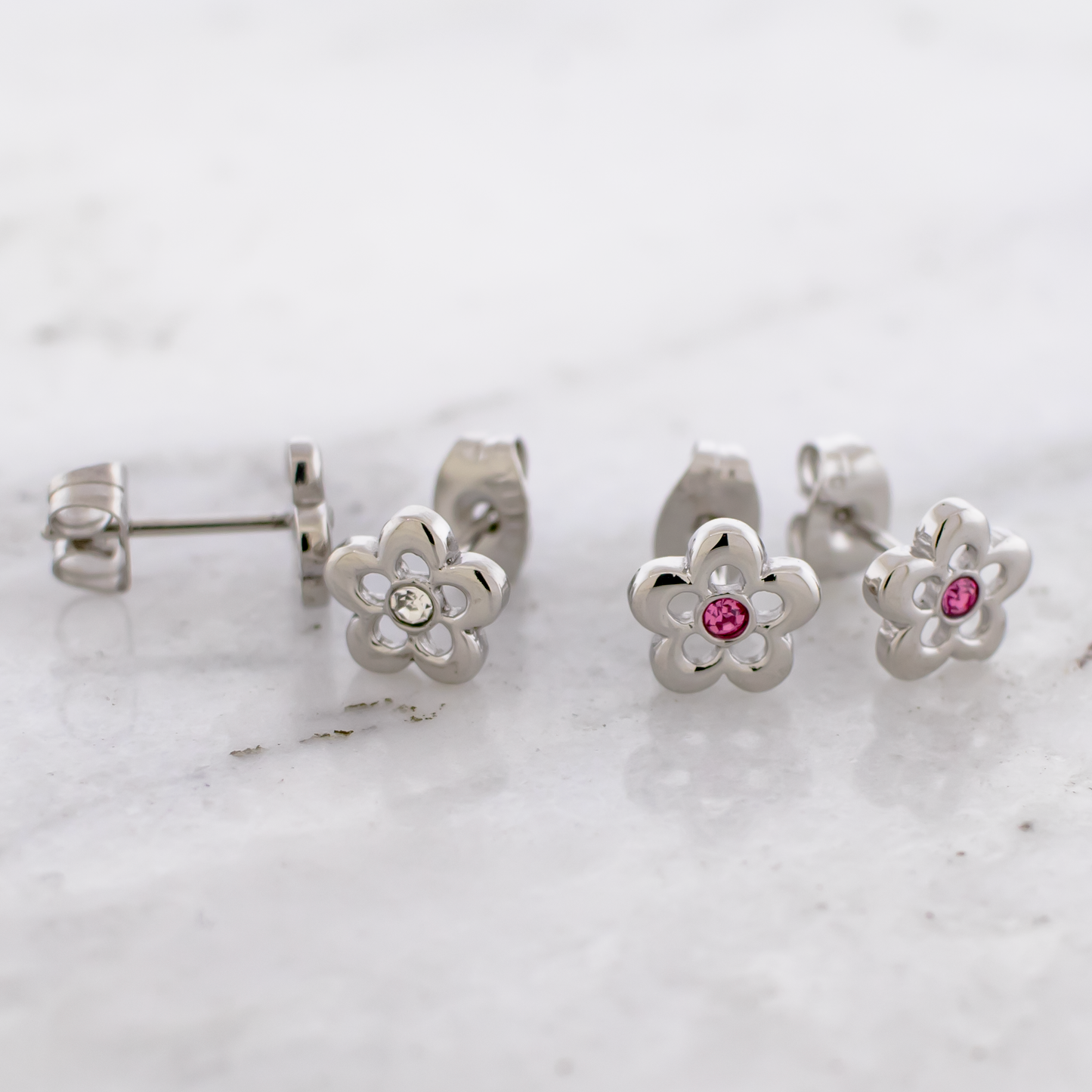 Steel Flower With Gem Earring Studs